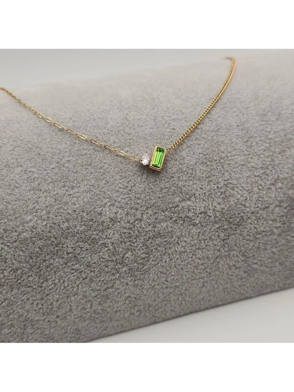 18K Gold Plated Dual-Chain Simulated Green Baguette and Round Zircon Necklace